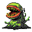 A monstrous, plant-like creature with a gaping maw of sharp teeth dominates this pixel art image. Mottled with diseased greens against dark grey, the beast's aggressive posture and unsettling colors evoke a sense of ominous dread.