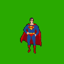 This pixel art image showcases Superman in a classic, heroic pose, ready for action. Rendered in vibrant, primary colors, the iconic superhero's confident stance and simple design evoke nostalgia for classic comic book and video game aesthetics.
