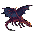 A powerful, pixelated dragon rendered in dark reds, browns, and blues is captured mid-flight, its wings spread against a stark black backdrop. The muted color scheme and focused posture evoke a sense of ancient fantasy and intensity.
