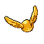 This pixel art image captures the Golden Snitch in mid-flight, its golden body and wings rendered with warm, metallic tones. The low-resolution style adds a touch of nostalgia to this magical Harry Potter icon.