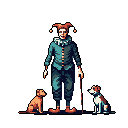 This pixel art portrait features a slightly unsettling jester, complete with cane and pointed hat, flanked by two loyal dogs against a stark black background. The rich, textured colors and eerie vibe create a captivating and unique scene.