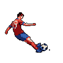A pixelated soccer player, number 19, is captured mid-strike, his dynamic pose and limited color palette evoking a retro gaming feel. The image focuses solely on the player and ball against a stark black background, emphasizing the action and classic aesthetic.