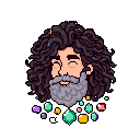 This pixel art portrait features a serene man with a wavy halo of hair, eyes closed and a gentle smile. Gem-like shapes add a touch of whimsy around his head, all set against a stark background.