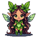 This pixel art depicts a charming chibi fairy with expressive green eyes and leaf-based attire. With her whimsical wings and earthy color palette, she exudes a cute and peaceful connection to nature.