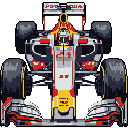 A vibrant pixel art Formula 1 race car, number 21, is depicted head-on with detailed mechanical features. The red and yellow accents pop against the predominantly gray body, capturing the speed and precision of racing.