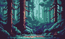 A tranquil pixel art scene captures a serene forest clearing, framed by silhouetted trees and reflecting in a still stream. The muted, cool-toned palette evokes a peaceful and slightly mysterious atmosphere in this untouched natural environment.