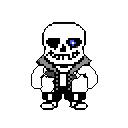 This pixel art depicts Sans from Undertale, his iconic glowing blue eye piercing through the stark black background. The skeletal figure sports his signature hoodie and slippers, radiating a cool yet ominous composure.