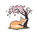 A peaceful pixel art scene shows a curled-up, orange fox resting beneath a flowering tree, its soft pink blossoms creating a serene and idyllic moment.