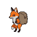 A determined pixel art fox, laden with a large backpack, stands ready for an adventure. The earthy color palette and alert posture evoke a sense of journey and purpose in this charming character.
