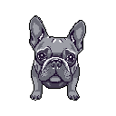 This pixel art portrait captures a calm and gentle French Bulldog gazing directly at the viewer. Rendered in soft greys and purples against a stark black background, the image evokes a nostalgic and intimate mood.