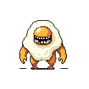 This pixel art features a bizarre, light-brown, fuzzy monster with a fried egg for a head, complete with a toothy grin. The unsettling yet humorous design is made striking by the bright yellow yolk against a black background.