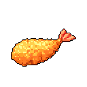 This pixel art showcases a delicious-looking, golden-brown tempura shrimp against a stark black background. The warm colors and detailed pixel work create a simple yet appetizing depiction of the classic fried food.