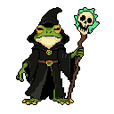 This pixel art features an enigmatic frog wizard in dark robes, complete with a skull-topped staff radiating eerie green magic. The character's stern expression and earthy color palette evoke a vibe of dark fantasy with a touch of quirky charm.