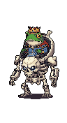 A crowned, smug frog clad in regal blue rides a powerful, mechanical skeleton in this quirky pixel art image. The detailed design evokes a sense of whimsical fantasy and retro gaming.