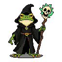 A stoic, green frog dons the robes of a dark mage, complete with a skull-topped staff radiating mystical energy. This pixel art portrait blends dark fantasy with a touch of whimsical charm.