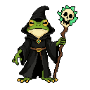 A confident, lime-green frog mage, adorned in dark robes and a teal medallion, wields a twisted staff topped with a glowing, skull. This pixel art character blends dark fantasy with a touch of whimsy.