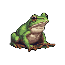 A realistically rendered pixel art frog, likely a tree frog, is captured in a moment of quiet observation, its detailed texture and alert gaze brought to life against a stark black background.