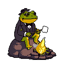 A pixel art frog, dapper in a suit and fedora, sits cross-legged on a rock, contentedly roasting a marshmallow over a small fire. The charming scene evokes a feeling of cozy relaxation with its limited color palette and gentle details.