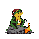 A contemplative pixel art frog, dressed in a vest and cap, sits by a small fire on a gray rock. Holding a mug or snack in each hand, the frog seems lost in thought, enjoying a moment of quiet solitude.