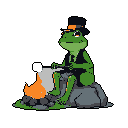 This pixel art shows a chill frog in a top hat and vest, roasting something tasty over a crackling campfire. The amphibian's calm expression suggests a peaceful moment of simple enjoyment.