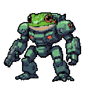 This pixel art features a bright green frog piloting a humanoid mech suit, complete with gun-like appendages and red accents. The image blends organic and mechanical elements for a humorous and action-ready vibe.