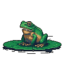 A serene pixel art image captures a smiling frog, rendered in earthy tones, perched peacefully on a lily pad. The simple design and muted palette evoke a sense of tranquility and quiet observation of nature.