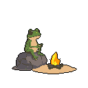 A pixelated frog sits contentedly on a rock, seemingly enjoying a snack by a small bonfire. The solitary scene captures a peaceful and slightly whimsical moment.