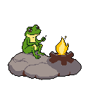 A pixelated green frog sits contemplatively on a rock, its gaze drawn to a small campfire nearby. The simple scene evokes a peaceful, whimsical moment of quiet reflection.