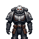 This pixel art depicts an imposing Space Marine, a stoic warrior from Warhammer 40,000, clad in detailed armor with glowing red eyes that radiate grim determination. The monochromatic color scheme is punctuated by stark white heraldry.