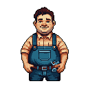 This pixel art portrait features a friendly, stout man in overalls, likely a farmer or handyman, with a warm smile and inviting demeanor. His practical attire and gentle expression evoke a sense of reliability and down-to-earth charm.