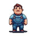 This pixel art portrait features a friendly, stout commoner with rosy cheeks, sporting denim overalls and a warm smile. His approachable demeanor and classic design evoke a sense of nostalgia and wholesome charm. Set against a plain black background, the focus remains entirely on this endearing character.