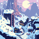 A serene pixel art scene depicts a snow-covered village nestled beneath towering mountains, with warm light glowing from cozy chalet windows. Falling snow and a soft moonlit glow create a peaceful, nostalgic winter atmosphere.