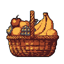 A pixel art image showcases a brimming brown wicker basket filled with ripe fruits like bananas, grapes, and citrus, creating a simple and abundant still life against a stark black background.