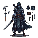 A heavily armored rogue or ranger stands ready, spear in hand, showcased with their equipment loadout in this dark fantasy pixel art. The character's solemn intensity and detailed weaponry evoke a serious, tactical vibe.