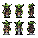 This pixel art showcases six variations of a classic goblin character, each with subtle differences in pose and attire. The sprites offer a glimpse into a mischievous creature's potential stances and angles, reminiscent of a game character sprite sheet. Against a stark black background, the green-skinned goblins exude a cunning and slightly menacing vibe.