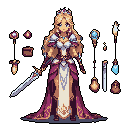 A serene pixel art warrior-princess stands ready with her ornate sword, adorned in detailed armor and a golden crown, radiating elegance and strength.