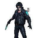 A cyberpunk figure stands ready, his dark attire punctuated by glowing cyan accents and intense, bright eyes. Holding a futuristic weapon, this character exudes a serious and mysterious power.
