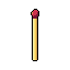 A single, unlit matchstick is rendered in stark pixel art, its wooden shaft and dark red head isolated against a black backdrop. The minimalist design evokes a sense of potential waiting to be ignited.