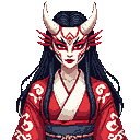 This pixel art bust features a masked woman in traditional attire, her striking red and white mask adorned with prominent horns. Her intense gaze and elaborate kimono-like garment evoke a sense of mystery, tradition, and subtle power against a stark black background. The design hints at a Japanese aesthetic with a fantastical, almost mythological feel.