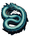 This pixel art image showcases a majestic, coiled sea serpent or dragon in cool blues and earthy browns. The creature's serpentine form and spiny fins evoke a sense of serene power and ancient mystique.