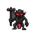 A menacing pixel art goblin, wielding a two-headed warhammer and sporting glowing red eyes and horns, grins wickedly. The creature's stark design and red accents create a threatening, retro fantasy vibe.
