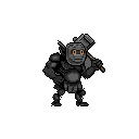 A heavily armored, grey-skinned goblin warrior stands ready, hammer resting on its shoulder, its orange eyes piercing through the helmet's dark shade. This stoic pixel art figure exudes a menacing presence in a gritty, dark color scheme.