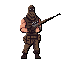 A pixel art warrior stands ready, masked and armed with a rifle, exuding a sense of preparedness and silent threat. The character's tactical gear and muted color palette amplify the dangerous atmosphere.