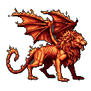 A fiery, winged manticore roars in this pixel art piece, its red and orange hues creating a powerful and ominous presence. The beast's alert stance and open mouth convey danger and intensity, drawing the eye to its sharp details.