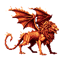 A fearsome, fiery winged lion roars in this pixel art image, its molten colors and spread wings conveying power and danger. Reminiscent of classic fantasy, the creature's design evokes a mythical grandeur.