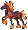 This pixel art image showcases a powerful, fiery horse prancing against a black backdrop. Flames erupt from its mane, tail, and legs, creating a dynamic and mythical creature of intense energy.