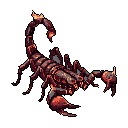 This pixel art showcases a menacing scorpion with fiery highlights, poised to strike with its tail and claws. The dark color scheme and detailed pixel work create an ominous and powerful depiction of the creature.