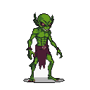A menacing, green-skinned goblin with glowing red eyes and a wide grin stands poised and ready, its aggressive expression promising trouble. This pixel art creature evokes a sense of threat and lurking danger.