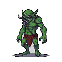 A menacing, green-skinned goblin or orc stands ready for battle in this pixel art image, its sharp teeth and claws on full display. The monstrous figure exudes a fantasy vibe with subtle details like armored pads and a skull accessory.