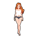 A pixel art female character with flowing orange-brown hair walks directly towards the viewer with a neutral expression. The sprite-like design evokes a retro feel, focusing on the character's simple yet dynamic pose.